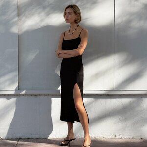 Size L - ZARA Women's Black Stretch Cotton Long Slit Spaguetti Strap Dress